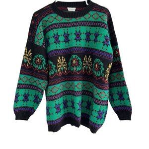 Vintage 90s Carriage Court Mens Sz L Vibrant Green Black Purple Pullover Sweater